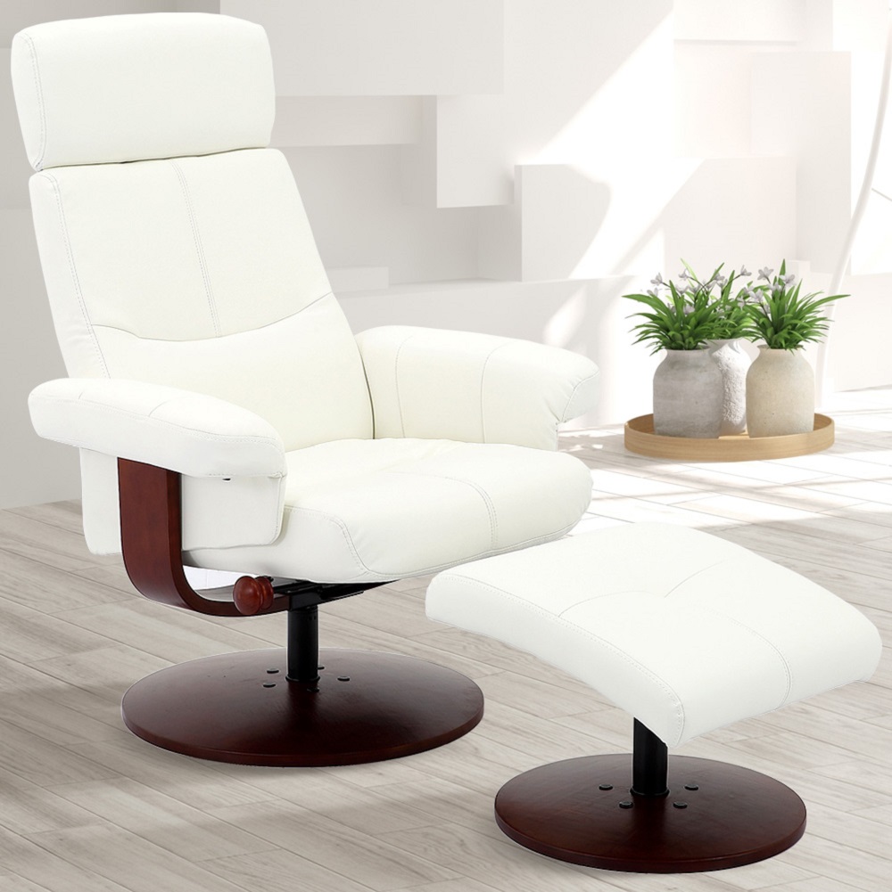 White Faux Leather Swivel Adjustable Recliner and Ottoman Set