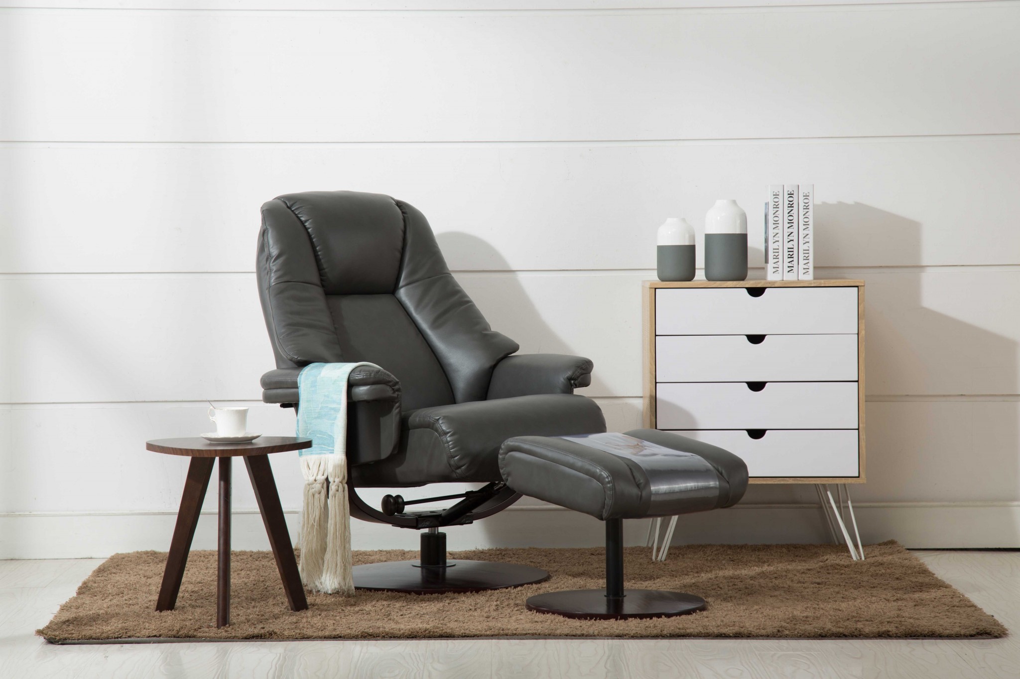 Charcoal Faux Leather Swivel Adjustable Recliner and Ottoman Set