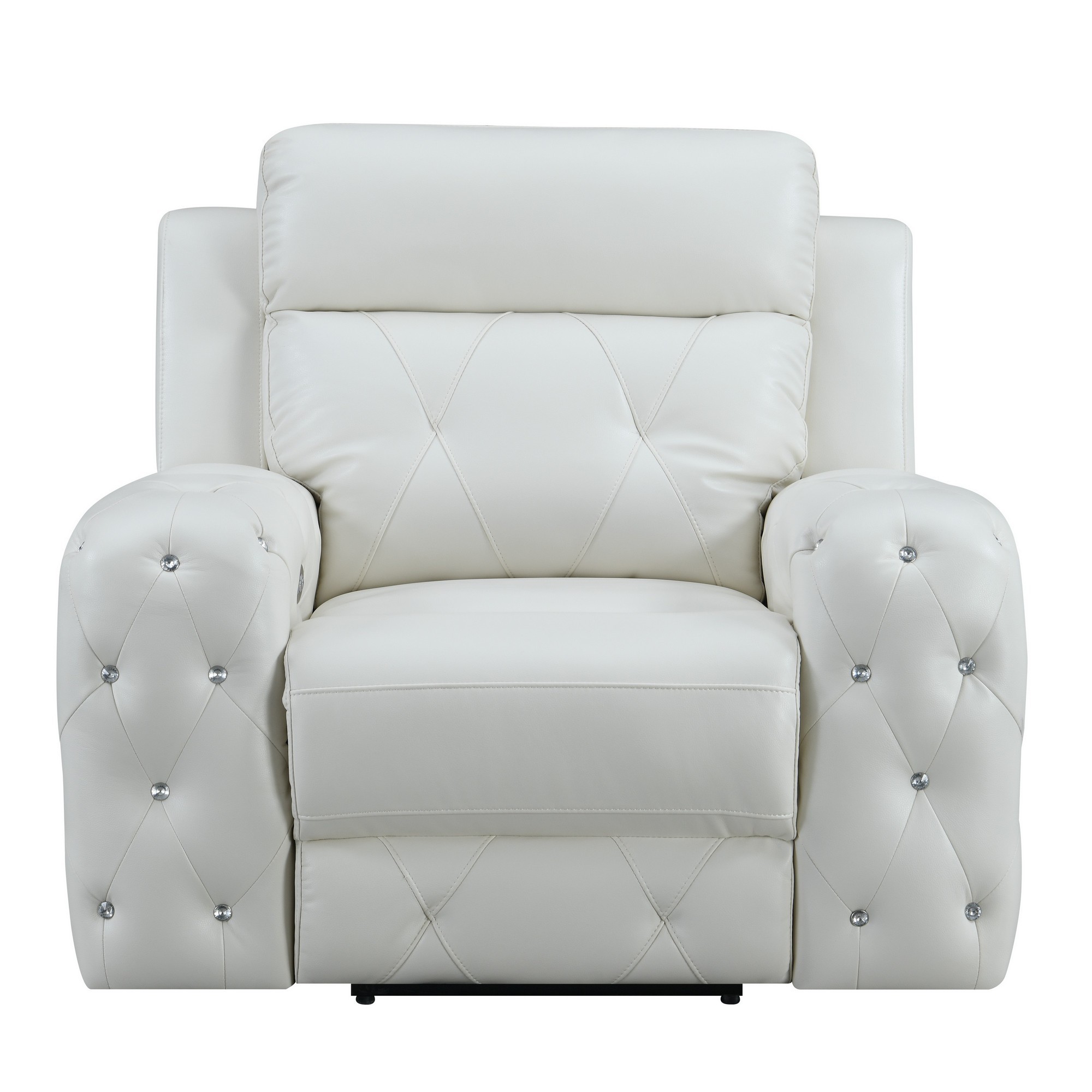 White Leather Gel Cover Power Recliner in Plushily Padded Seats Jewel Embellished Tufted Design Along With Recessed Arm