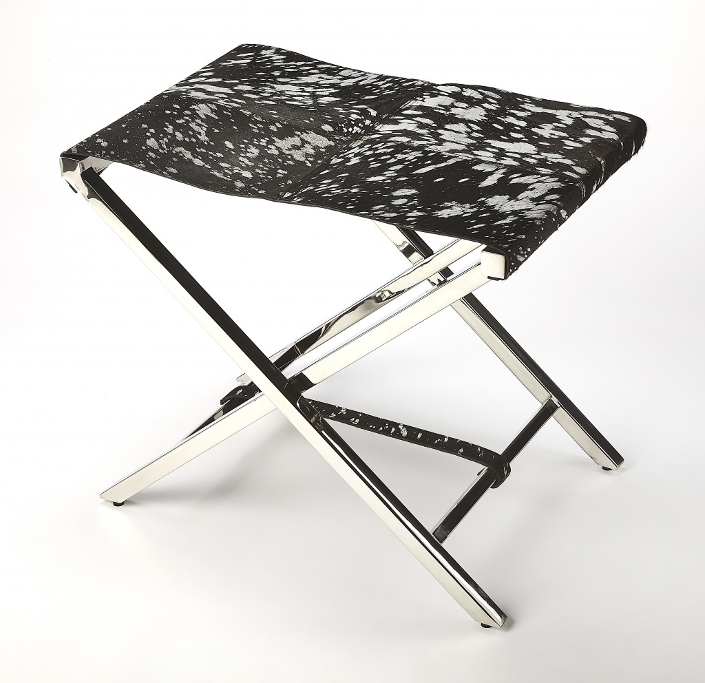 Stainless Steel Black and White Leather Portable Stool