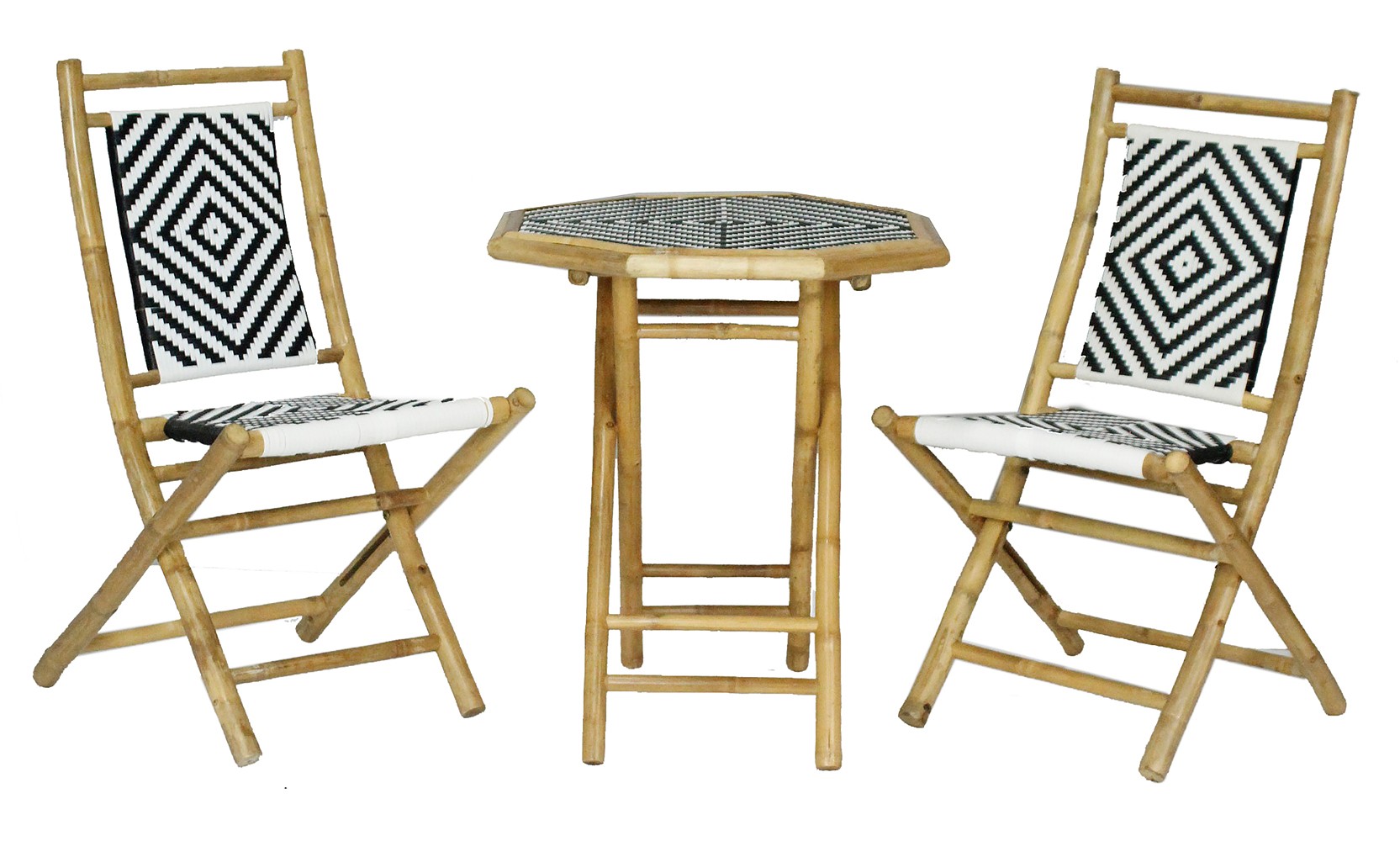 20" X 15" X 36" Natural Bamboo Black and White Poly-Rattan Bamboo Set of Chairs and a Table