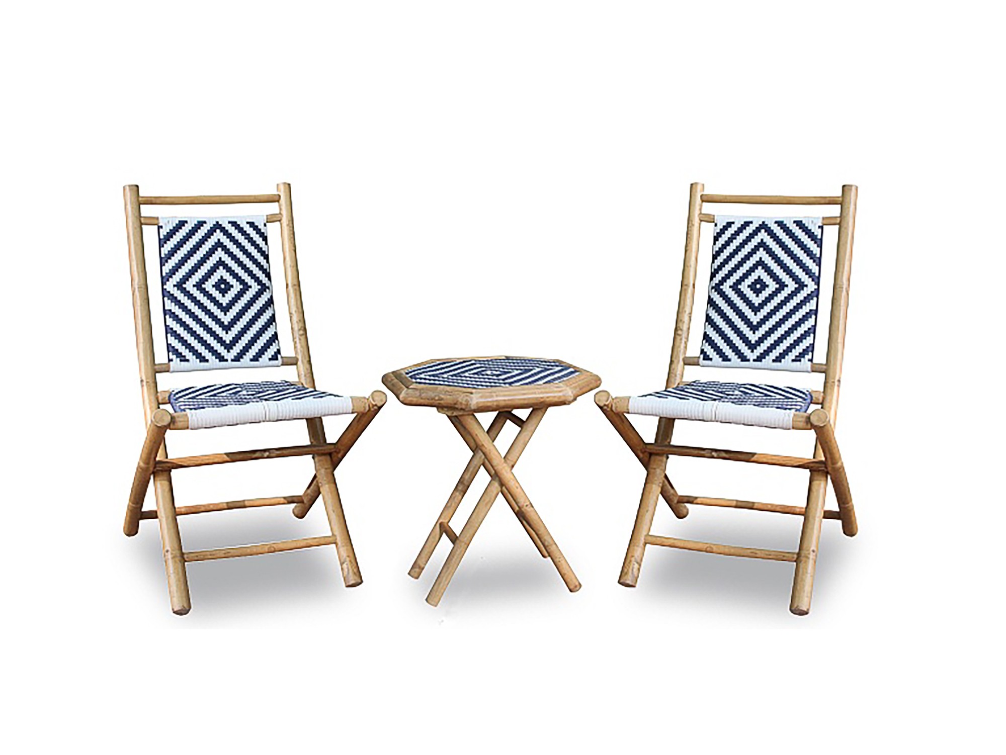 42" X 12" X 21" Natural Navy Blue and White Bamboo Outdoor Conversation Set of Chairs and a Table