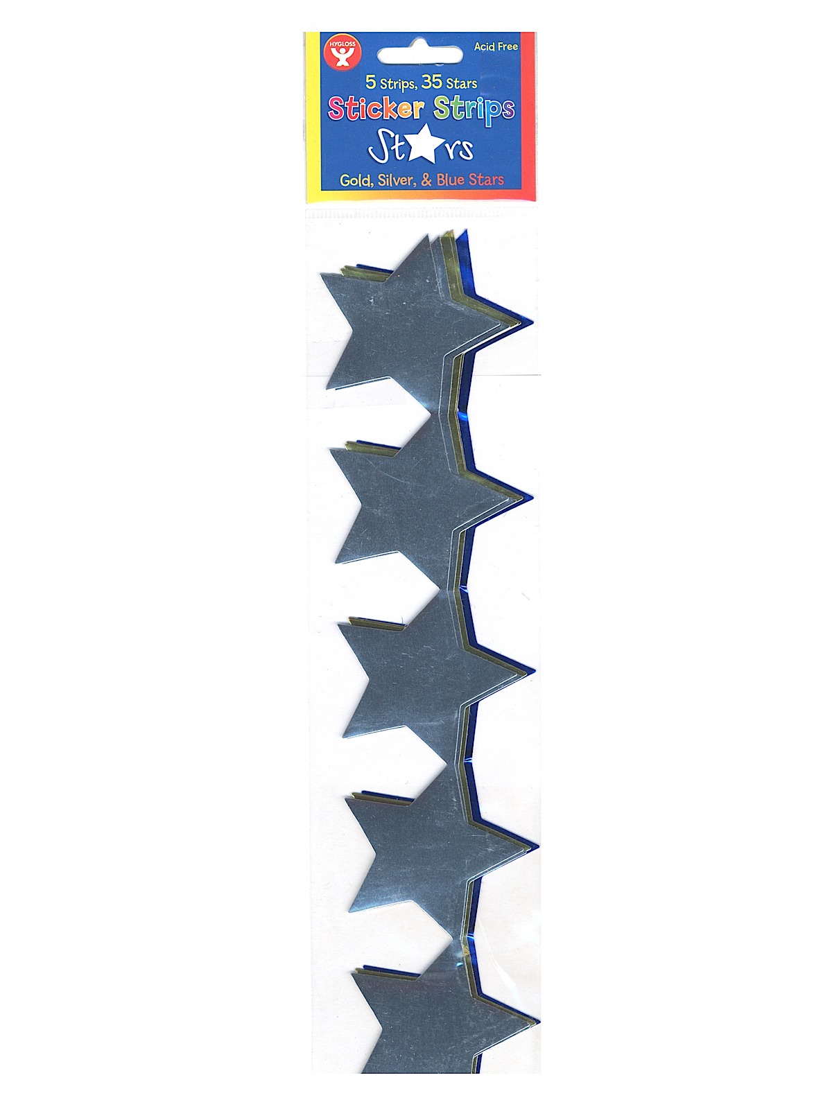 Sticker Strips - 2inMetallic Stars, 2 Gold, 2 Silver, 1 Blue