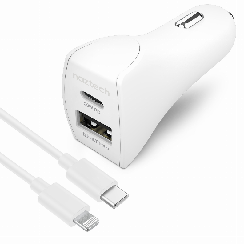 20W USB-C PD + 12W USB Fast Car Charger with USB-C to Lightning Cable