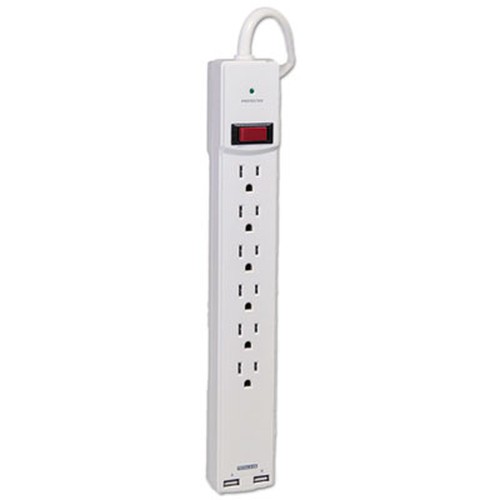 Surge Protector, 6 Outlets/2 USB Charging Ports, 6 ft Cord, 1080 Joules, White