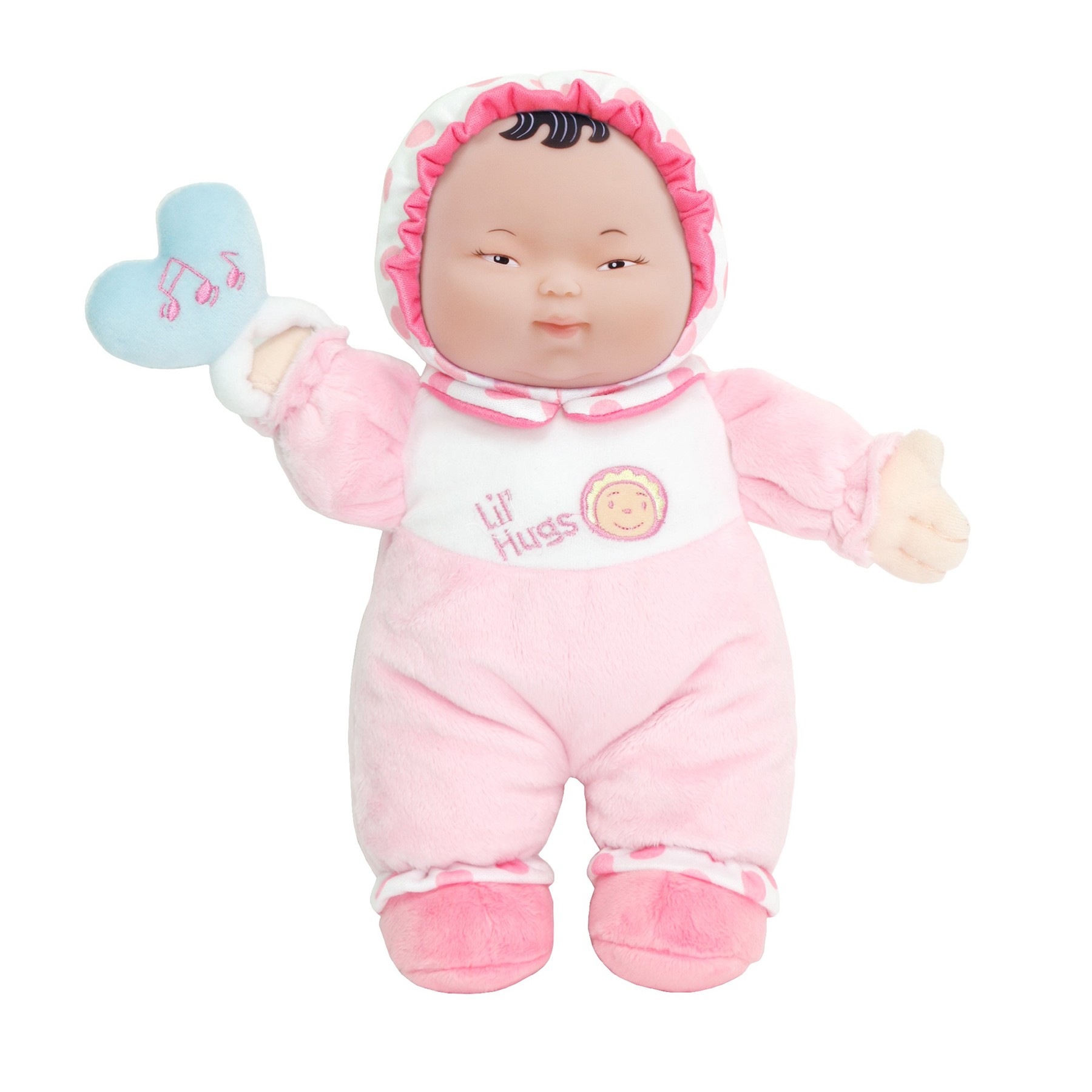 Lil' Hugs Baby's First Soft Doll, Vinyl Face, Pastel Outfits with Rattle, 12" Asian