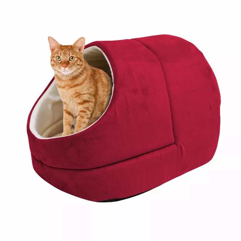 GOOPAWS Cat Cave for Cat and Warming Burrow Cat Bed, Pet Hideway Sleeping Cuddle Cave - 18" x14" x12" Burgundy