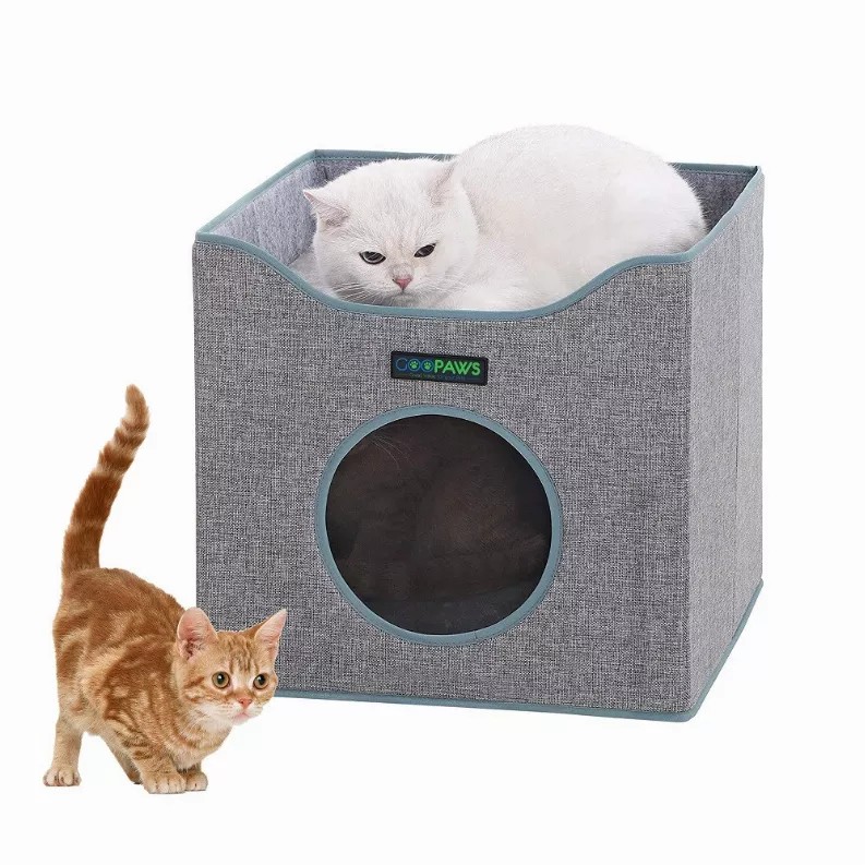 JESPET Foldable Cat Condo, Cat Cube House & Sleepping Bed with Lying Surface and 2 Reversible Cushions, Cat Hiding Place, Cat Ca