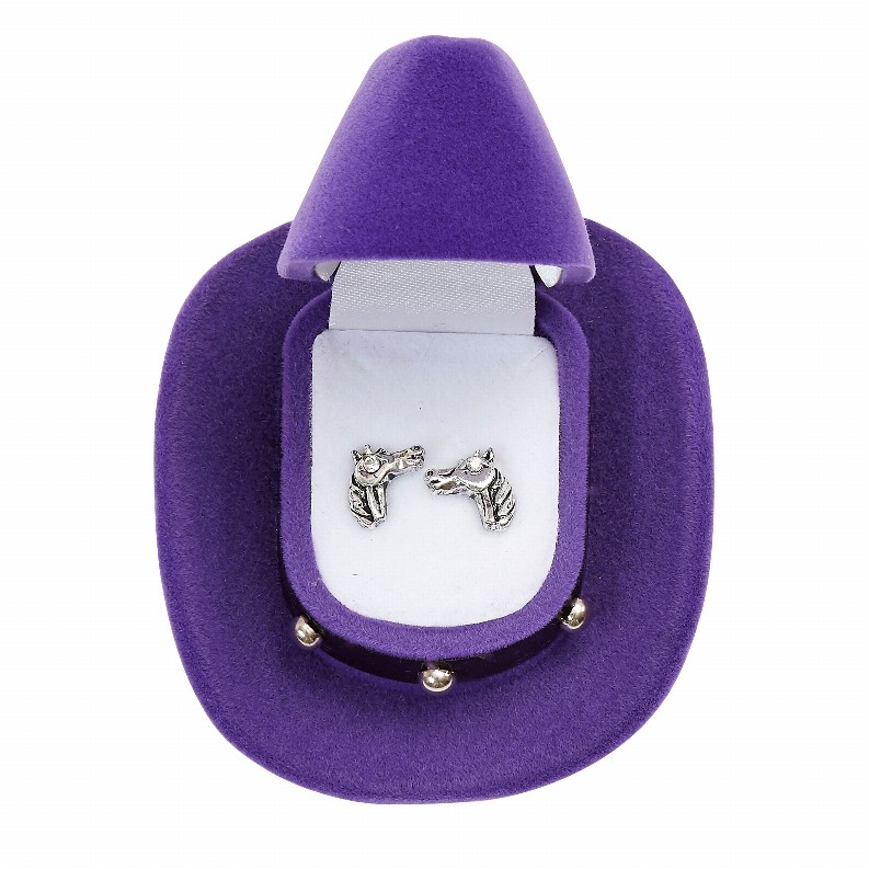 AWST Int'l Horse Head Earrings withPurple Cowboy Hat Gift Box