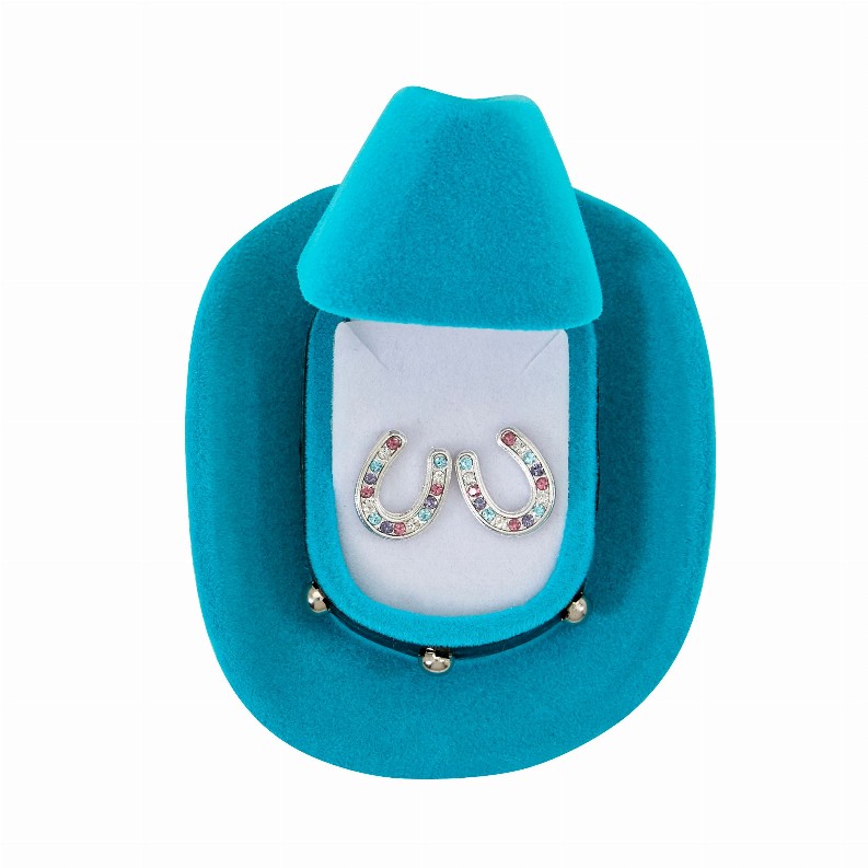 AWST Int'l Horseshoes Earrings withColorful Cowboy Hat Box