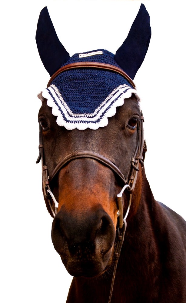 Equine Couture Fly Bonnet with Silver Lurex & Contrast Color Cob EC Navy/White