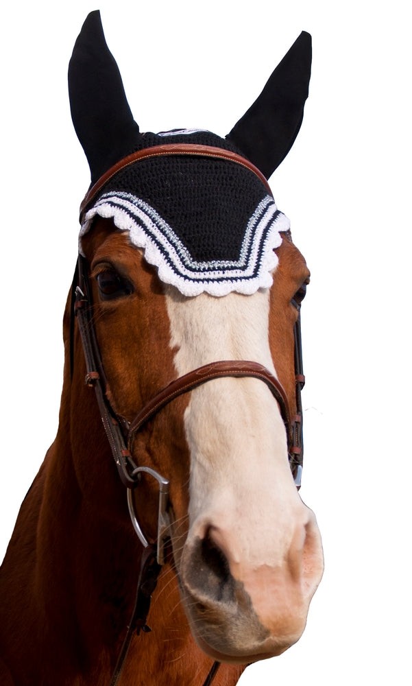 Equine Couture Fly Bonnet with Silver Lurex & Contrast Color Pony Black/White