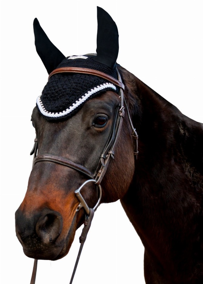 Equine Couture Fly Bonnet with Silver Rope & Crystals Cob Black