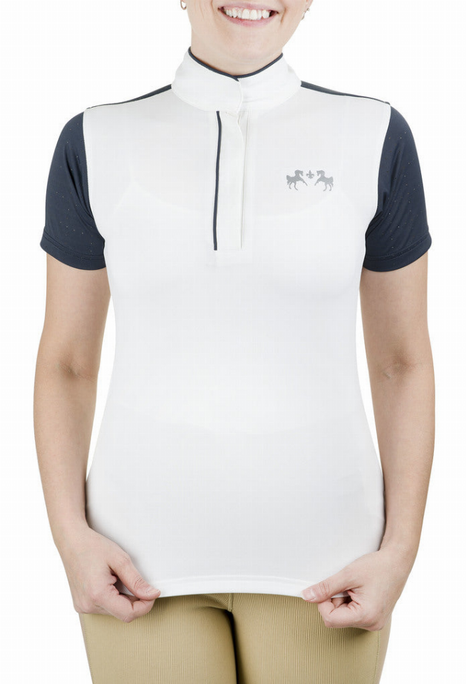 Equine Couture Ladies Magda Equicool Short Sleeve Show Shirt 2XL White/EC Navy