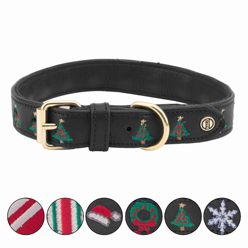 Halo Dog Collar  L  Leather with Christmas Christmas Tree Embroidery