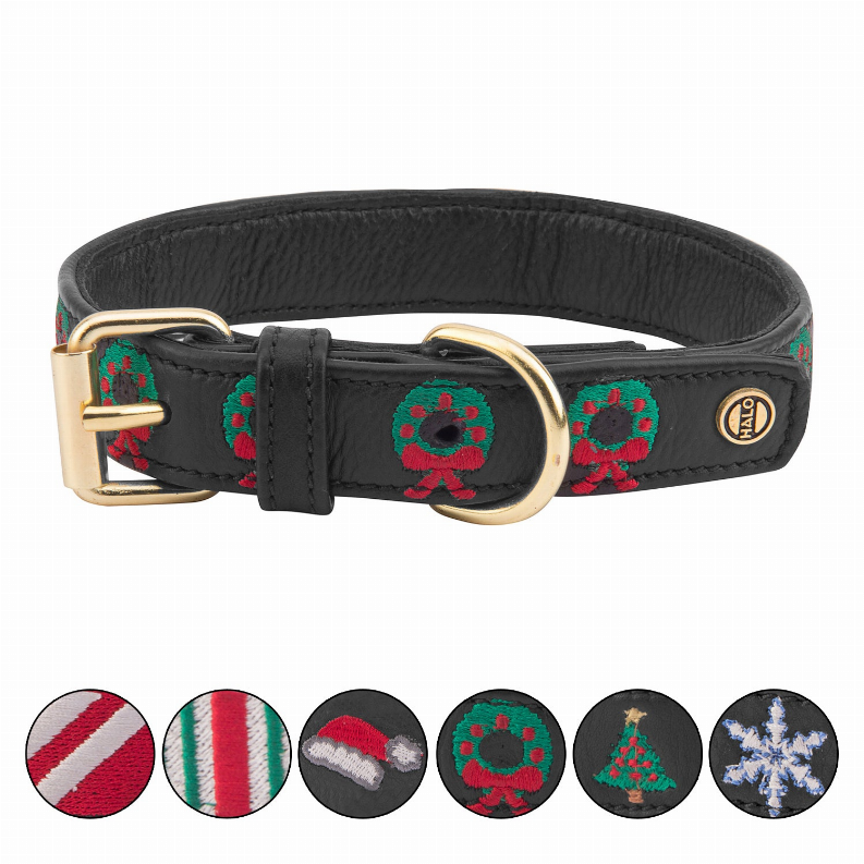 Halo Dog Collar  XL  Leather with Christmas Wreath Embroidery