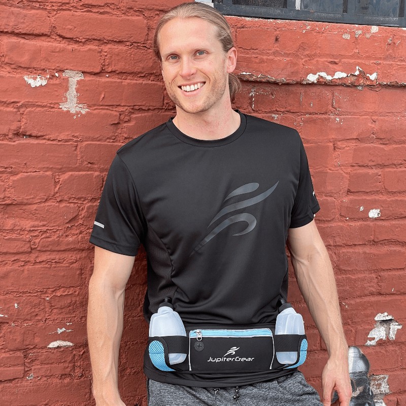 Running Hydration Belt Waist Bag with Water-Resistant Pockets and 2 Water Bottles for Outdoor Sports