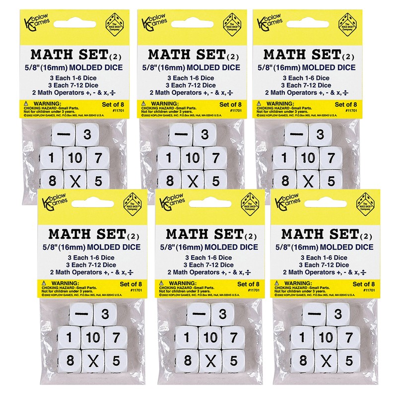 Whole Number Dice Set, 8 Per Pack, 6 Packs