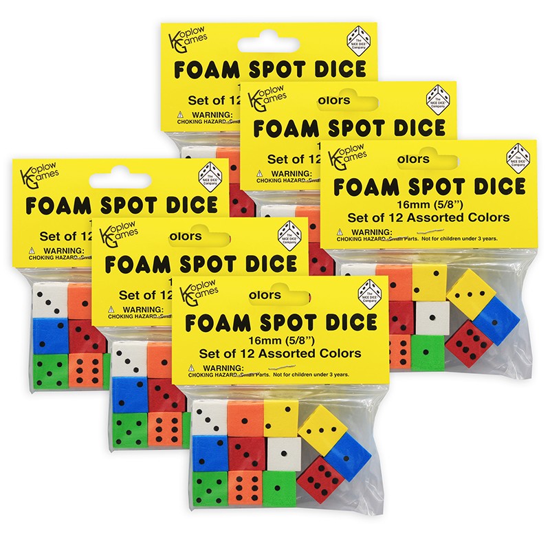 Assorted Color Spot 16mm Foam Dice, 12 Per Pack, 6 Packs