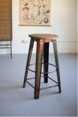 Recycled Metal Bar Stool With Wooden Top