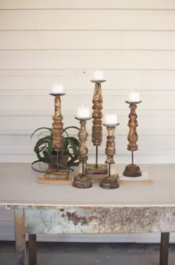 Set Of Five Repurposed Wooden Finial Candle Stands