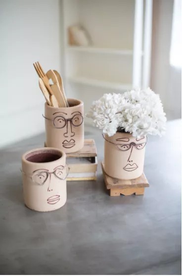 Set Of Three Clay Face Planters With Wire Glasses