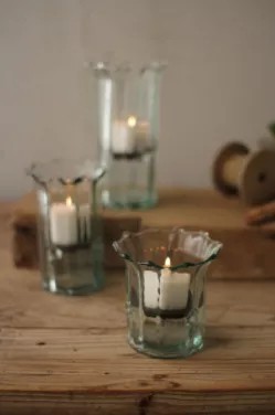 Set Of Three Recycled Glass Ribbed Votive Cylinders