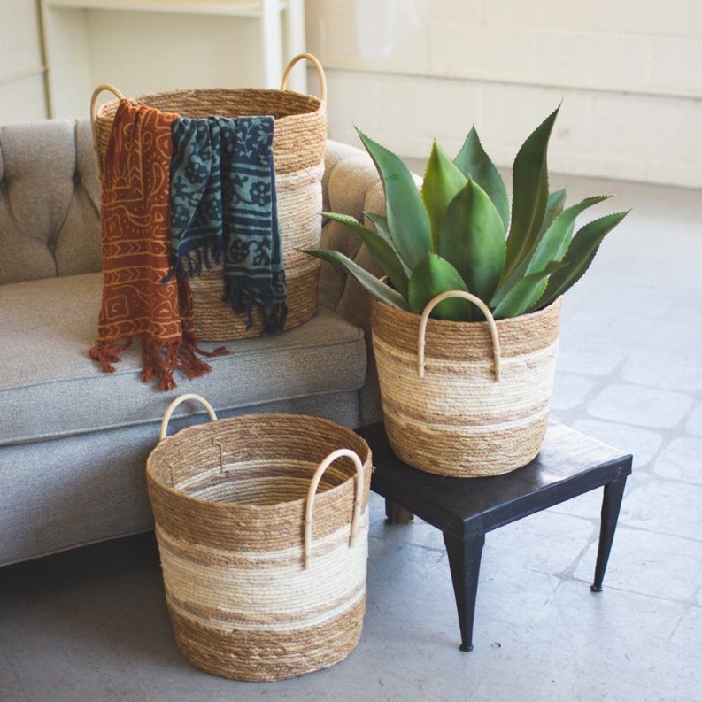 Set Of Three Two Toned Natural Round Baskets