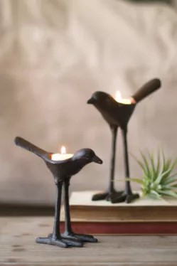 Set Of Two Cast Iron Bird Tea Light Holders