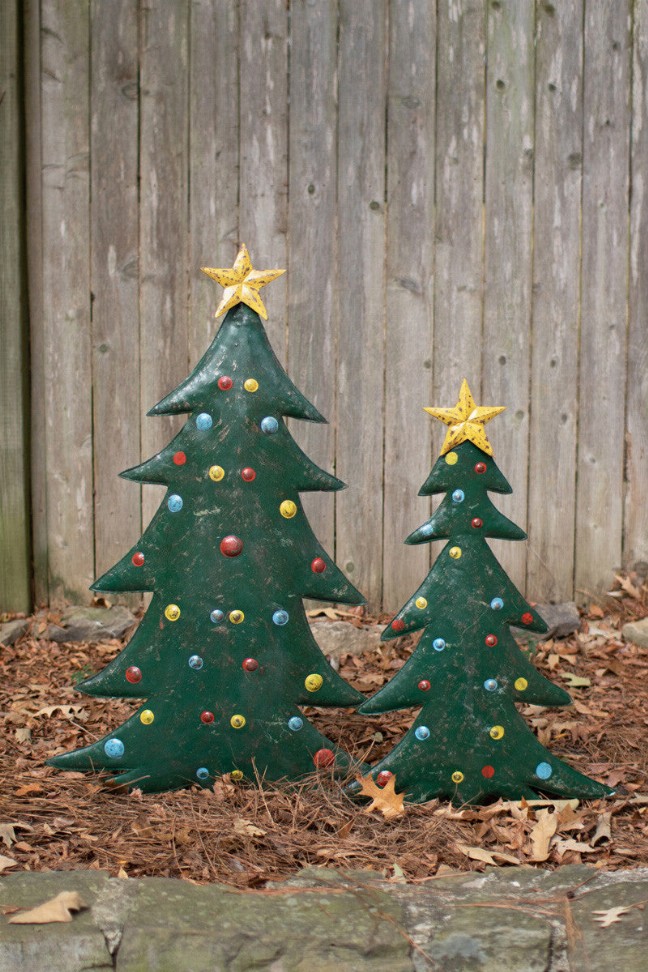 Set Of Two Hand-Hammered Metal Christmas Tree Yard Stakes