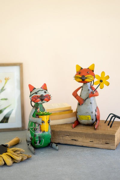 Set Of Two Recycled Iron Cats With Flower And Pot