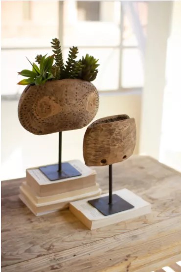 Set Of Two Repurposed Wooden Cowbell Planters On Iron Stand