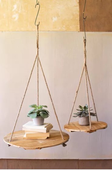 Set Of Two Round Recycled Wood Display With Jute Rope