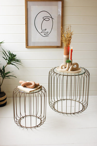 Set Of Two Wire Tables With Glass Tops