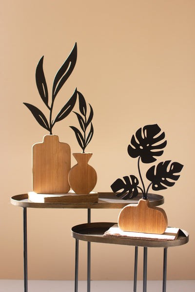 Set Of Two Wood And Metal Plant Sculptures