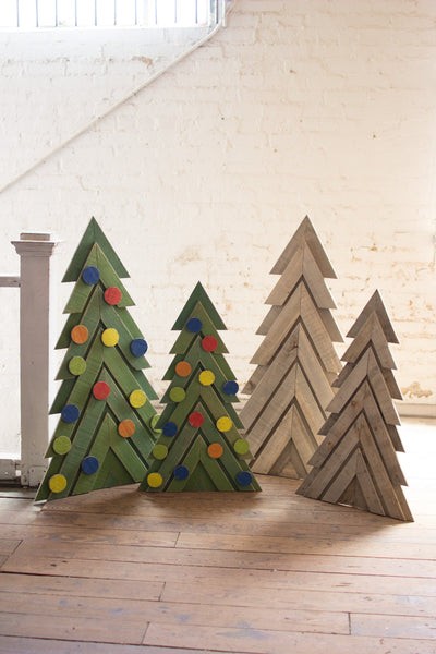 Set Of Two Wooden Christmas Trees With Colorful Ornaments