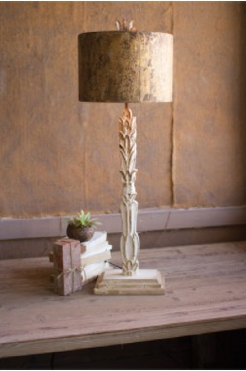 Table Lamp - Carved Wooden Base With Rustic Metal Shade 14"D X 40"T