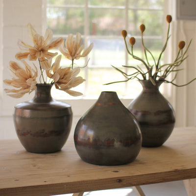 Set Of Three Raw Metal Vases With Copper Detail