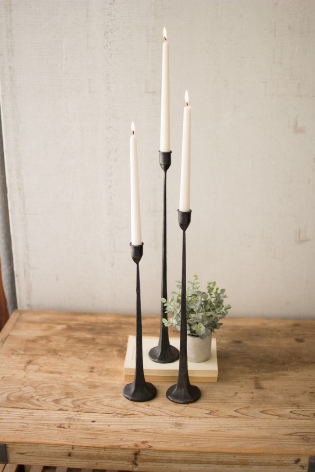 Set Of Three Tall Cast Iron Taper Candle Holders