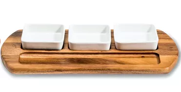 Charcuterie Serving Tray with Ceramic Bowls - 3 White Square Ceramic Bowls