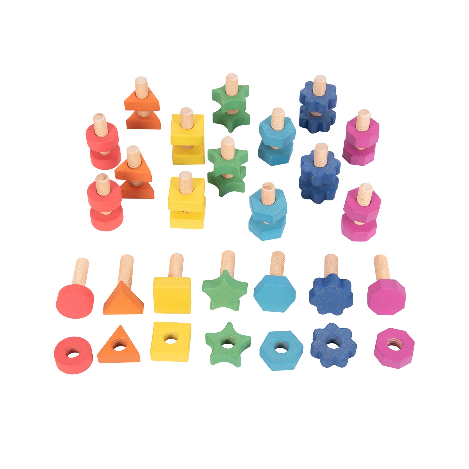 Rainbow Wooden Nuts & Bolts - Set of 21 Pairs - 7 Shapes and Colors - For Ages 12m+ - Loose Parts Wooden Toys for Toddlers and P
