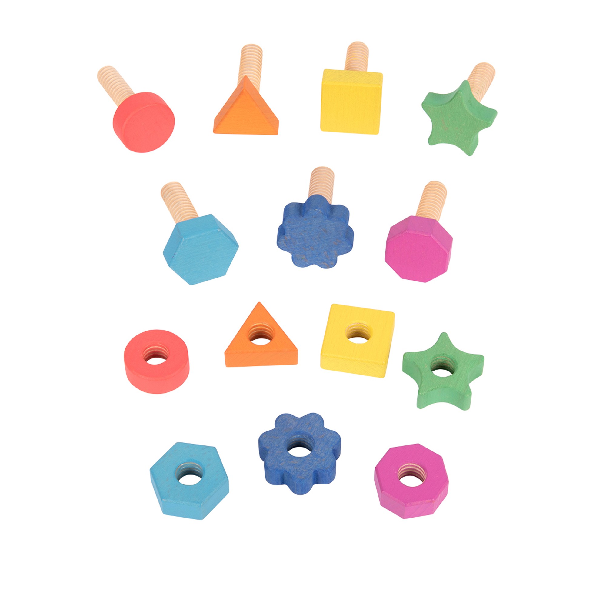 Rainbow Wooden Nuts & Bolts - Set of 7 Pairs - 7 Shapes and Colors - For Ages 12m+ - Loose Parts Wooden Toys for Toddlers and Pr