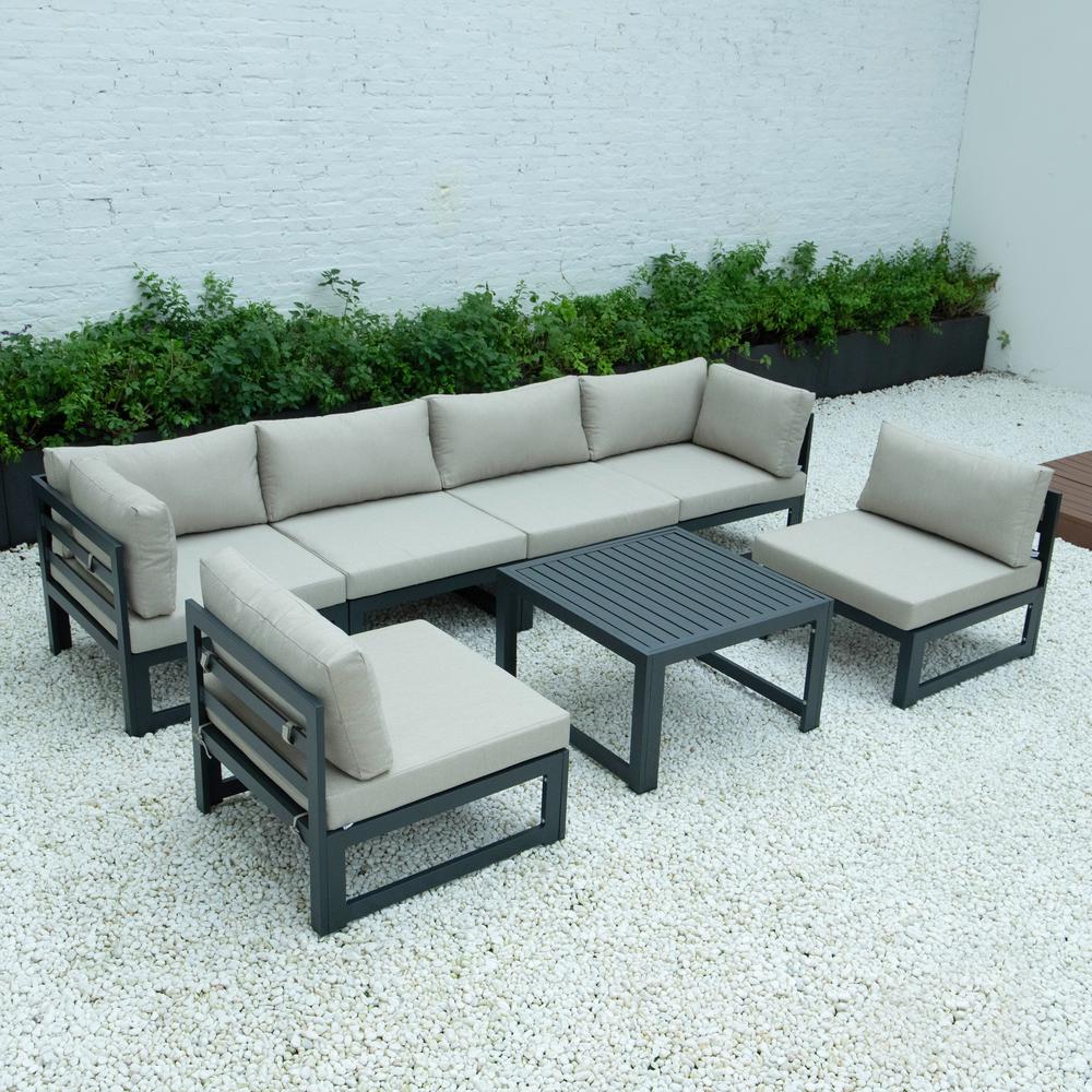 LeisureMod Chelsea 7-Piece Patio Sectional And Coffee Table Set Black Aluminum With Cushions CSTBL-7BG