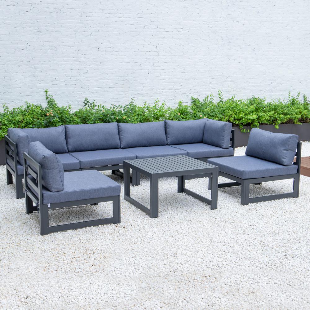 LeisureMod Chelsea 7-Piece Patio Sectional And Coffee Table Set Black Aluminum With Cushions CSTBL-7BU