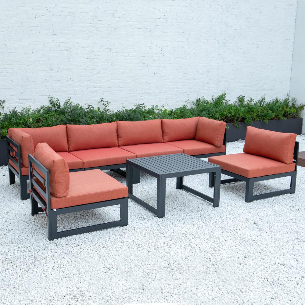 LeisureMod Chelsea 7-Piece Patio Sectional And Coffee Table Set Black Aluminum With Cushions CSTBL-7OR