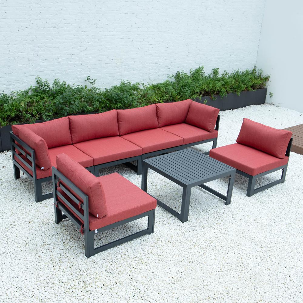 LeisureMod Chelsea 7-Piece Patio Sectional And Coffee Table Set Black Aluminum With Cushions CSTBL-7R