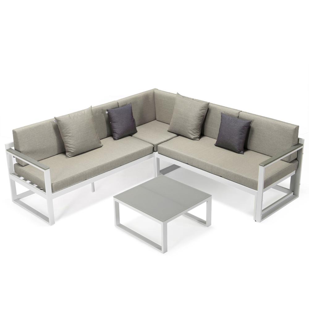 LeisureMod Chelsea White Sectional With Adjustable Headrest & Coffee Table With Cushions CSLW-80BG