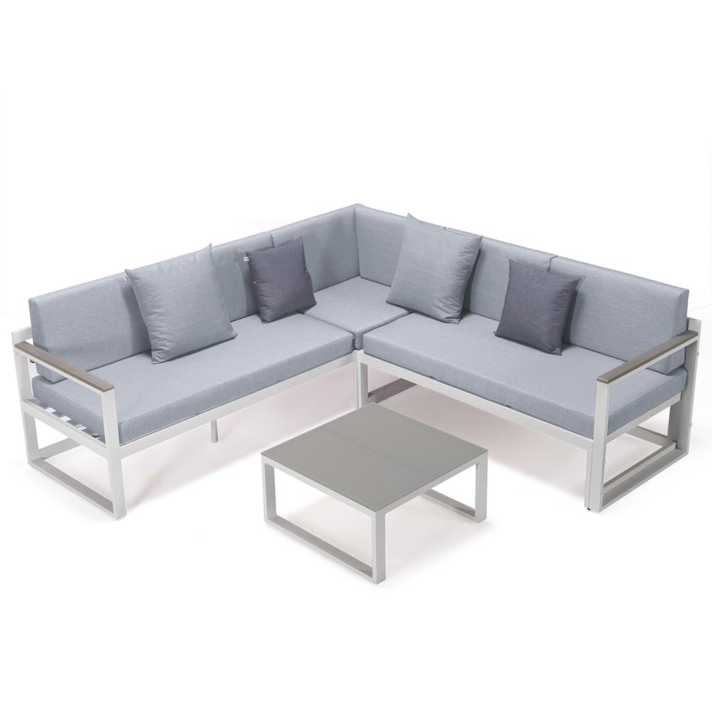 LeisureMod Chelsea White Sectional With Adjustable Headrest & Coffee Table With Cushions CSLW-80LGR