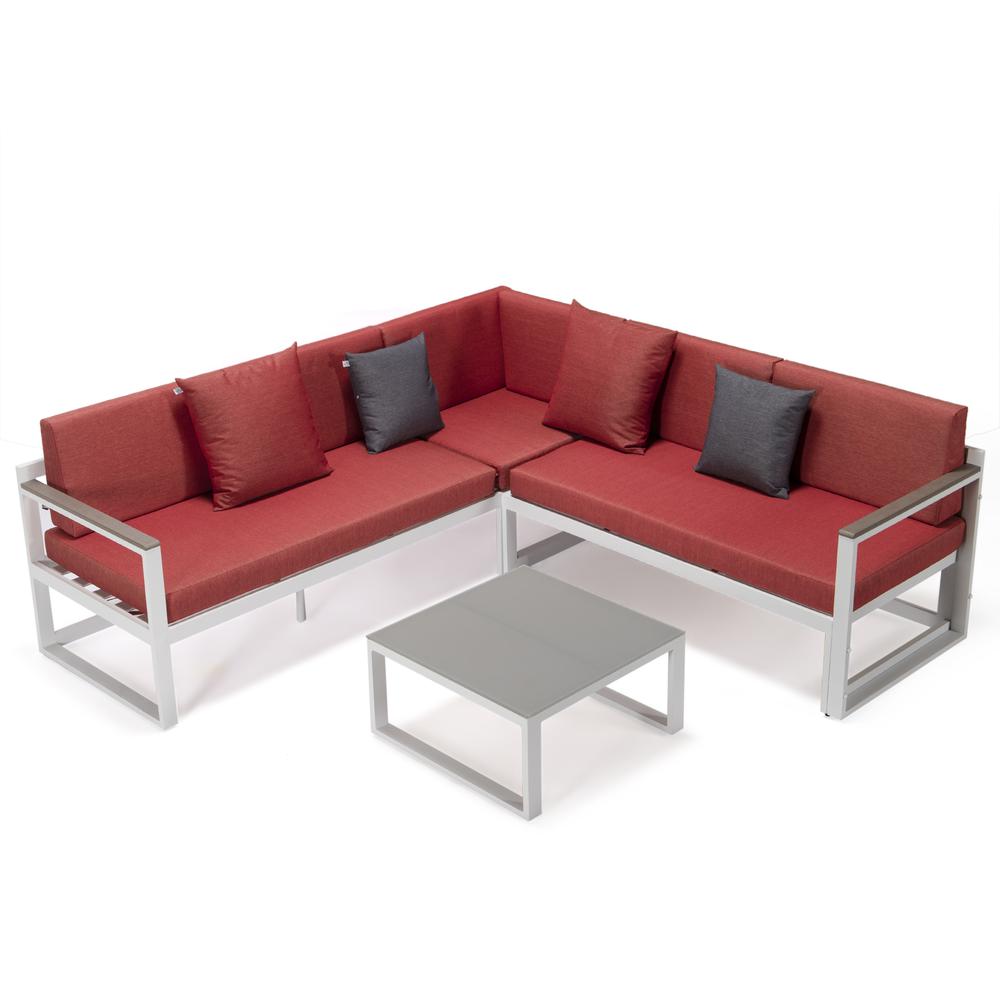 LeisureMod Chelsea White Sectional With Adjustable Headrest & Coffee Table With Cushions CSLW-80R