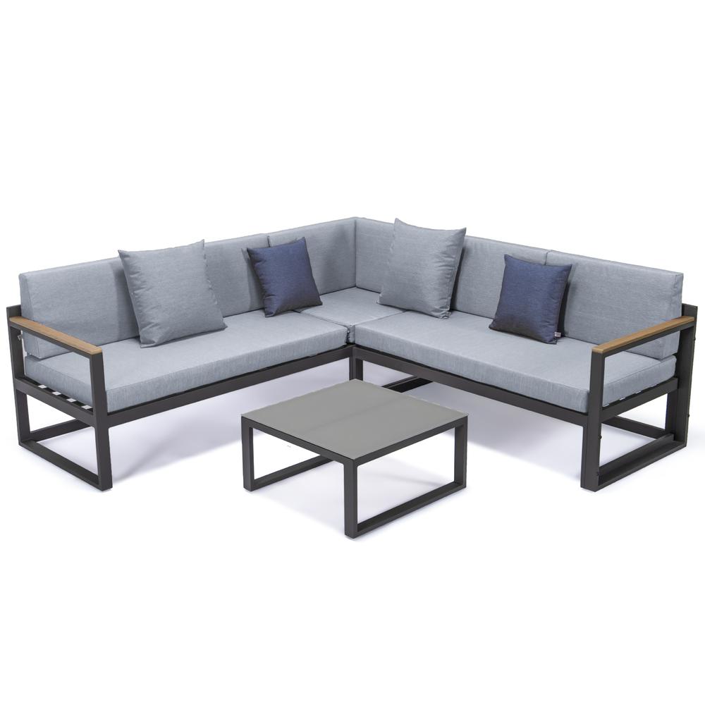 LeisureMod Chelsea Black Sectional With Adjustable Headrest & Coffee Table With Cushions CSLBL-80LGR